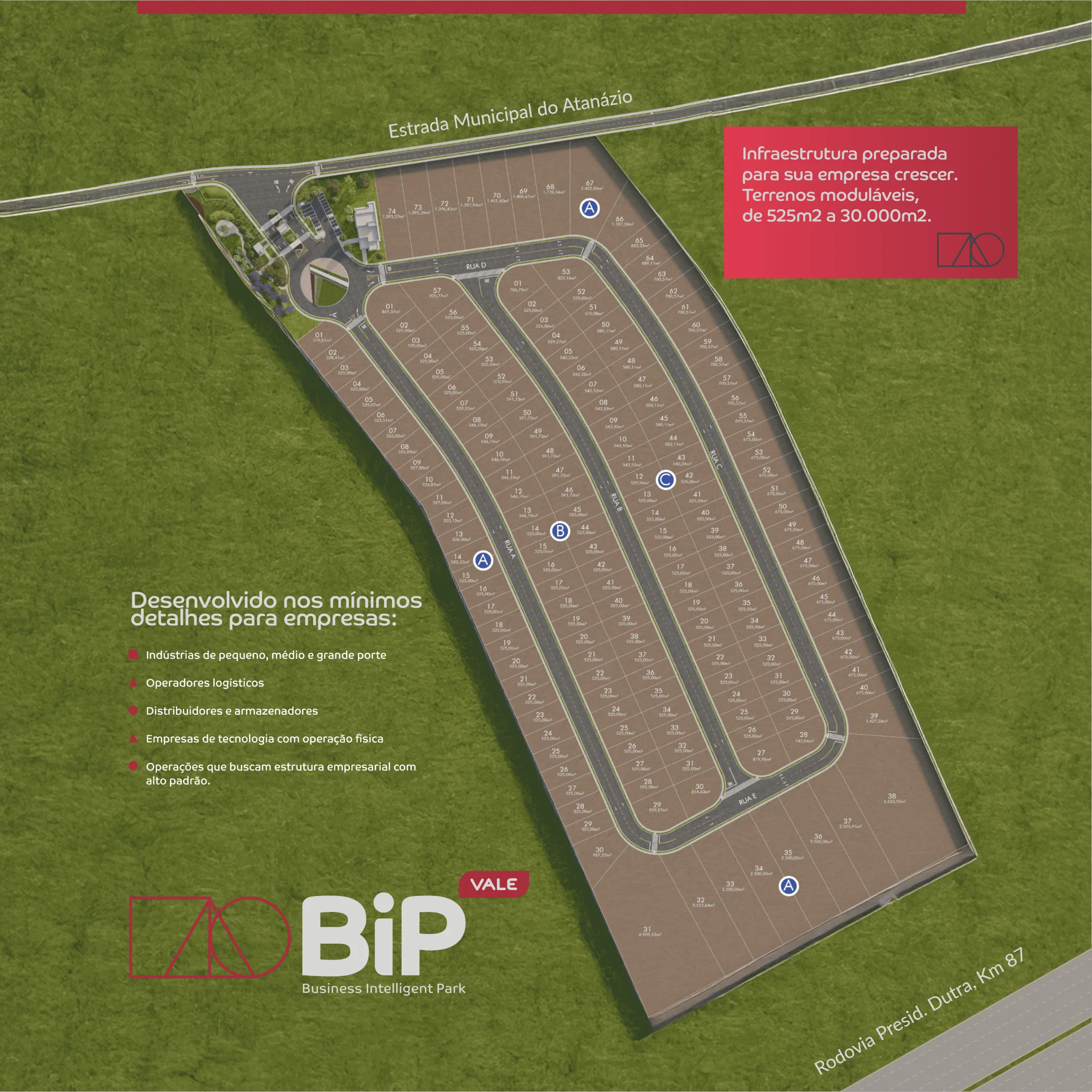 Masterplan do BIP VALE com os lotes empresariais, ruas internas e acessos à Dutra